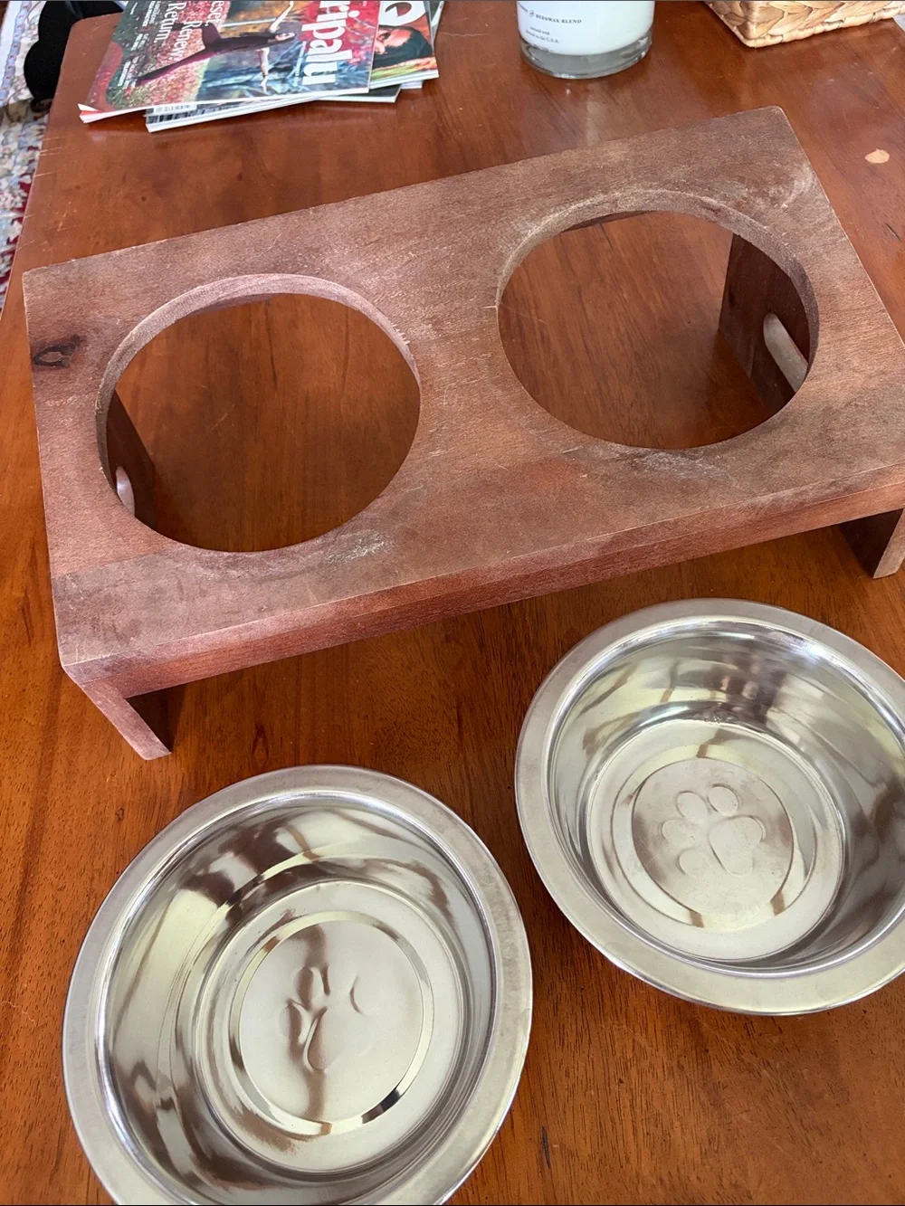 Double Stainless Steel Paw Bowls in Wooden Stand - Silver and Brown